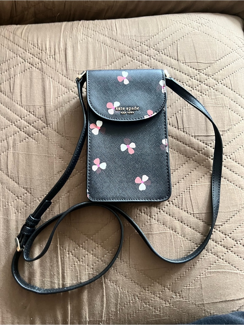 kate spade black crossbody phone bag with pink and white floral print